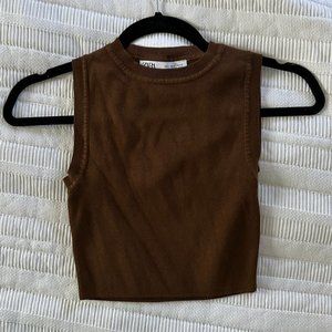 Zara Super Cropped Ribbed Brown Tank